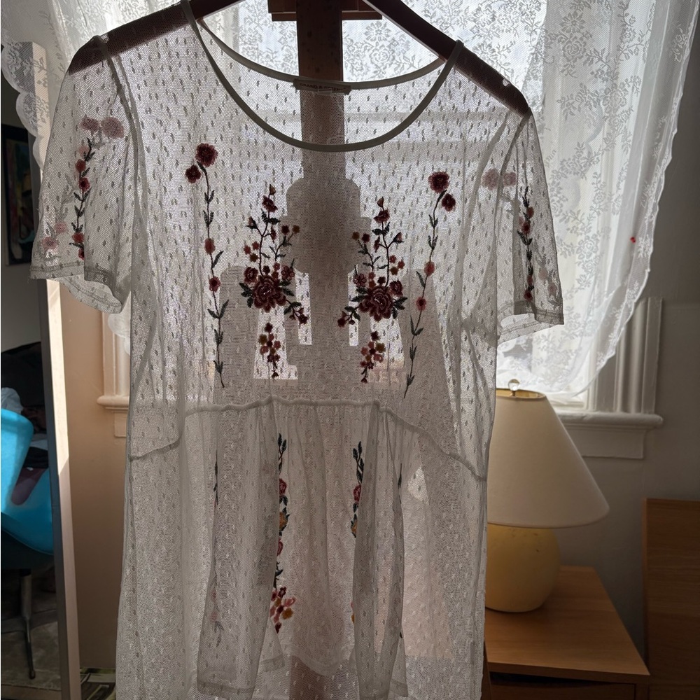 Grand & Greene Sheer White Blouse with Red Floral Design